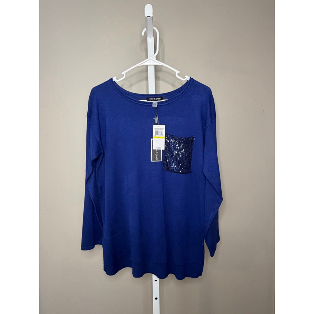Women's Cable & Gauge Blue Crew Neck Sweater with Sequin Pocket M